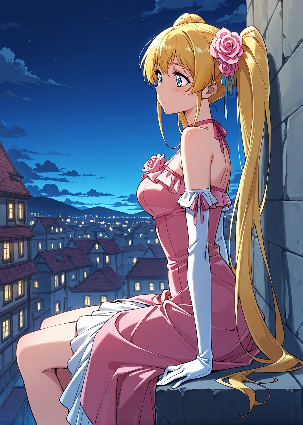 <lora:Meng_Wu:1>
1 girl, solo, blue eyes, blonde hair
pink dress, twintails, long hair, hair ornament, detached sleeves, hair flower, white gloves, elbow gloves, bare shoulders, pink hair flower, bare shoulders, side ponytail
score_9, score_8_up, score_7_up, score_6_up, source_anime, masterpiece, best quality, absurdres, highres, newest, anime coloring <break> 1girl, solo, sitting, on wall, from side, town, night sky, cloud
