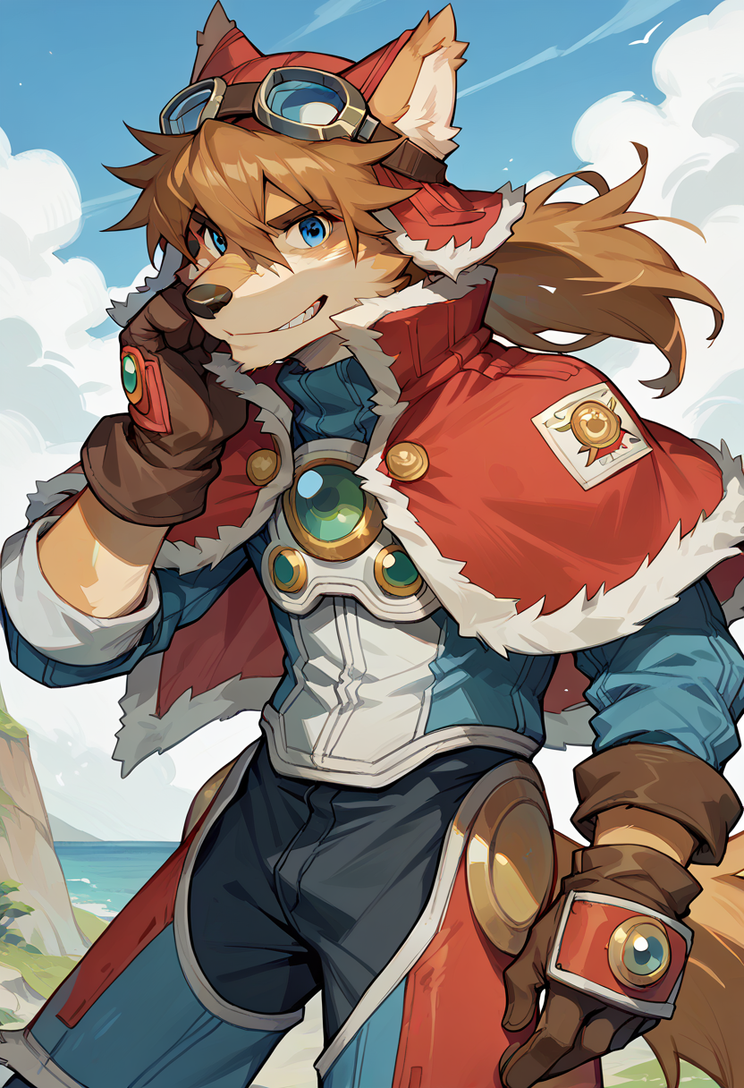 score_9, score_8_up, score_7_up, high res, best quality, red_savarin_solatorobo, furry, goggles, solo, 1boy, blue eyes, brown hair, gloves, capelet, <lora:Red_Savarin_Solatorobo:1>