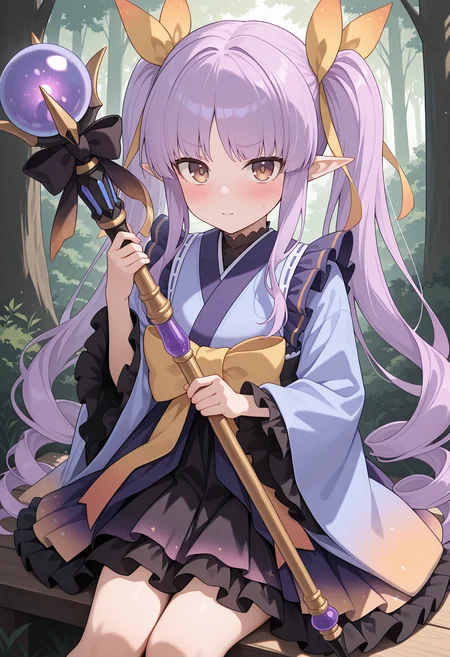 highres, best quality, masterpiece,
1girl, solo, blush, forest, pcrkyoka, purple hair, very long hair, elf, twintails, ringlets, brown eyes, kyokadef, hair ribbon, blue kimono, long sleeves, gradient kimono, purple kimono, kimono skirt, black skirt, frilled skirt, yellow bow, frills, sitting, holding staff, looking at viewer, <lora:_kyouka_pcr-elesico-ilxlC:1>