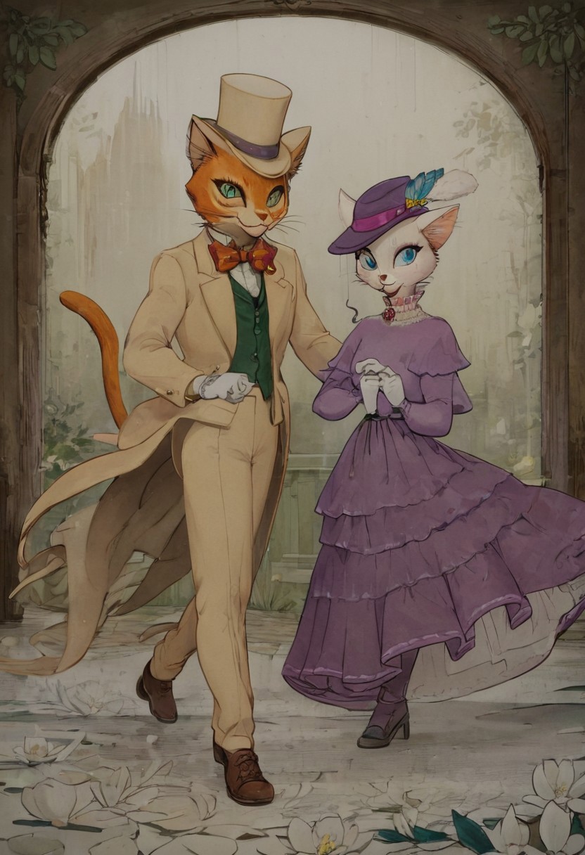 score_9, score_8_up, score_8, cute, in the style of beatrix potter, cel-shading, fca style, baroness louise, white fur, cat, female cat, blue eyes, anthro, gloves, purple hat, elegant hat, purple dress, looking at viewer, beautiful eyes, smile, 1girl, BREAK
baron humbert, ginger fur, blue eyes eyes, cat, male, anthro, suit, tuxedo, blue blow-tie, white gloves, 1boy, BREAK
Running towards each other, open arms