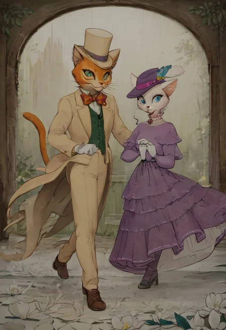 score_9, score_8_up, score_8, cute, in the style of beatrix potter, cel-shading, fca style, baroness louise, white fur, cat, female cat, blue eyes, anthro, gloves, purple hat, elegant hat, purple dress, looking at viewer, beautiful eyes, smile, 1girl, BREAK
baron humbert, ginger fur, blue eyes eyes, cat, male, anthro, suit, tuxedo, blue blow-tie, white gloves, 1boy, BREAK
Running towards each other, open arms