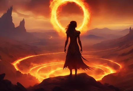 score_9, score_8_up, high quality, fire, 4k, fantasy setting, magic fire, 
massive, wide, scorched landscape littered with burned armor and weapons
kneeling in the middle of the wasteland is a, solo, silohuette of a tiny female sorceress with their hands held up to the sky with two concentric rings of fire above them destroying everything
