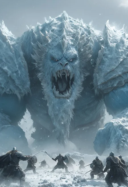 A group of Viking warriors is battling a colossal frost giant in a snowy landscape. The giant, with a muscular blue body covered in ice and crystals, is wielding a massive club made of ice and rock. The warriors, dressed in fur and leather, are attacking the giant with swords and axes. The background is filled with ice and snow, with more giants looming in the distance. The scene is dynamic and filled with motion, showing the giant swinging its club and the warriors charging forward.