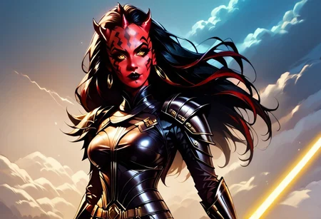 safe_pos, score_9,score_8_up,score_7_up,score_6_up,score_5_up, "Create an action-packed, anime-style poster of a fierce female Zabrak Sith Lord from the Star Wars universe. She has red skin with intricate Sith tattoos, glowing yellow eyes, and long, sharp horns crowning her head. She's in a dynamic pose, leaping through the air with her crimson lightsaber ignited, cutting through sparks and smoke. Her dark, flowing robes and battle armor cling to her toned body, blending seductive allure with lethal power. In the background, a stormy sky filled with lightning highlights an intense battle, with distant starships and explosions framing the chaos. The scene radiates both elegance and brutality, evoking the epic scale of a movie poster, with movie credits and multiple people, movie poster,"