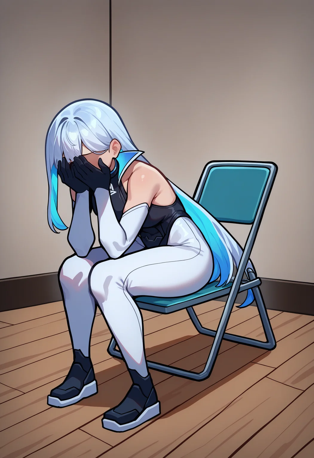 masterpiece, best quality, newest, absurdres, highres, 1girl, Plysttn, multicolored hair, blue hair, white hair, two-tone hair, colored inner hair, high collar, black leotard, bodysuit, bare shoulders, sleeveless, elbow gloves, white pants, <lora:Playstationchan_illusXLNoobAI_Incrs_v1-000008:1>, black footwear, indoors, despair, sitting, shinji in a chair \(meme\), on chair, meme, full body, hands on own face, folding chair, bent over,