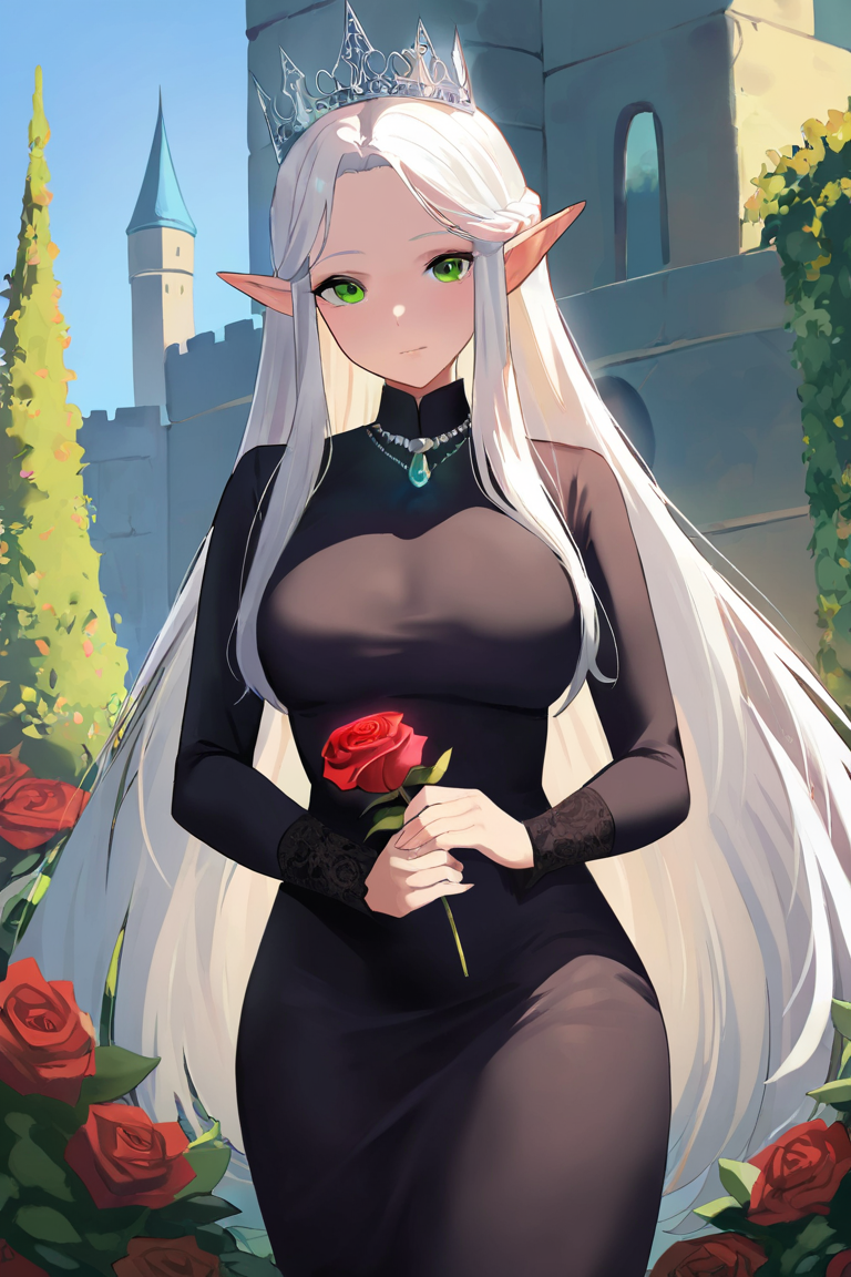 masterpiece, best quality, highres, newest, 1girl, solo, mature female, elf, pointy ears, breasts, long hair, very long hair, white hair, green eyes, portrait, looking at viewer, medium breasts, high collar, long dress, black dress, crown, silver crown, holding, holding flower, rose, red rose, necklace, jewelry, closed mouth, cowboy shot, standing, outdoors, castle <lora:Smooth Anime [LoRA] - NoobAI-XL EPS 1.0:1>
