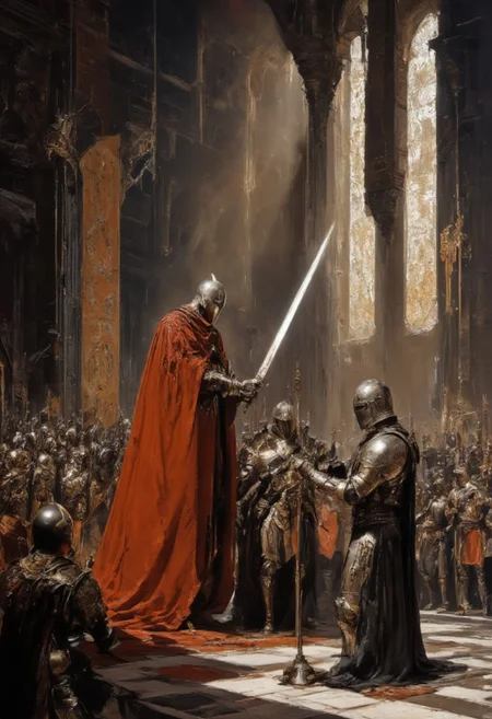 A realistic medieval knighting ceremony set in a grand castle hall. The scene features a high-ranking nobleman or king, wearing a resplendent red cape with gold accents, standing on a raised platform illuminated by soft sunlight streaming through tall stained-glass windows. He holds a gleaming ceremonial sword, tapping it lightly on the shoulder of a kneeling knight in full plate armor, signifying the oath of fealty. Surrounding the platform are rows of onlookers, including knights in polished armor, nobles in elegant robes, and guards holding banners adorned with intricate heraldry. The atmosphere is solemn yet majestic, with warm sunlight highlighting the rich reds, golds, and silvers of the setting, while shadows add depth to the stone walls and ornate tapestries. The polished marble floor reflects the soft glow of flickering candles on iron candelabras, completing the scene with a sense of historical grandeur and reverence. <lora:frazetta_flux_v2-000150.safetensors:0.5>, <lora:Flux_-_Renaissance_art_style.safetensors:0.15>, <lora:ancient.safetensors:0.3>, <lora:Elden_Ring_-_Yoshitaka_Amano.safetensors:1.0>, <lora:aiai-Glimra-Flux-Dev-v2.safetensors:1.0>, <lora:ARTifacts.safetensors:0.5>, <lora:Movie_Portrait.safetensors:0.5>, <lora:- Flux1 - soothing_atmo_V2.0.safetensors:0.2>, <lora:lith_mimosa_kiel_grw134_FLUX.safetensors:0.4>,