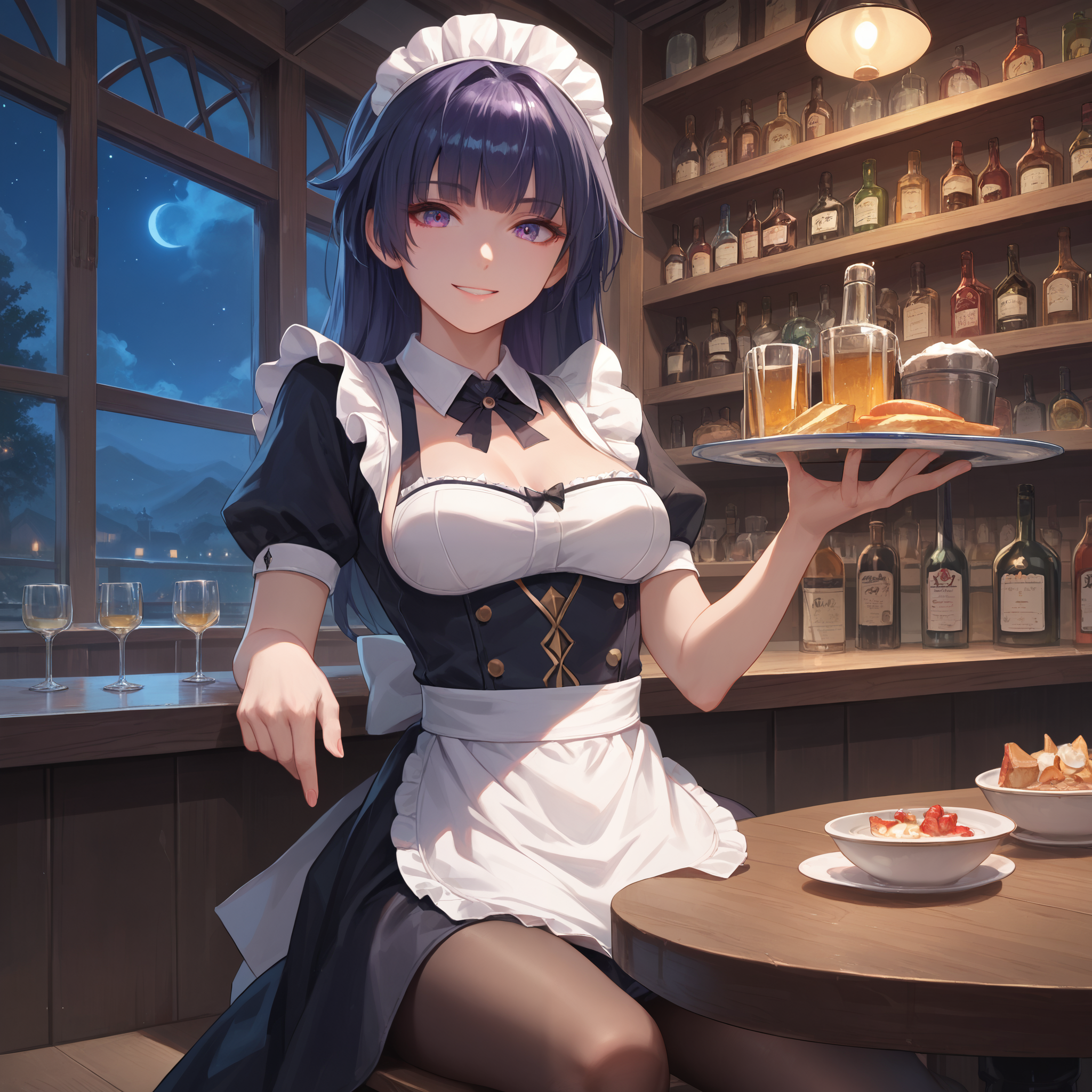 score_9, score_8_up, score_7_up, score_6_up, BREAK source_anime, looking at viewer, night, 1girl, solo, sitting, masterpiece, best quality, high detailed skin,   raiden mei, maid, maid headdress, maid apron, pantyhose, holding plate, bar, indoors, smiling,