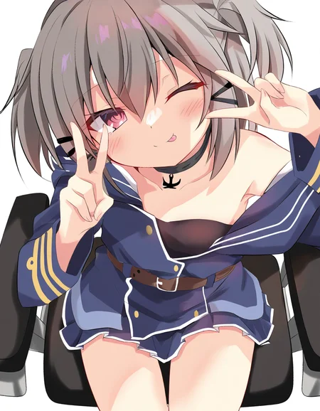 1girl,solo,looking at viewer,white backgrounds,simple background,cowboy shot,sitting,one eye closed,smile,tongue out,v,murasame\(warshipgirlr\),<lora:murasame-000012:1>,, masterpiece, best quality, very aesthetic, absurdres,newest, incredibly absurdres,, toshizou \(0714\)