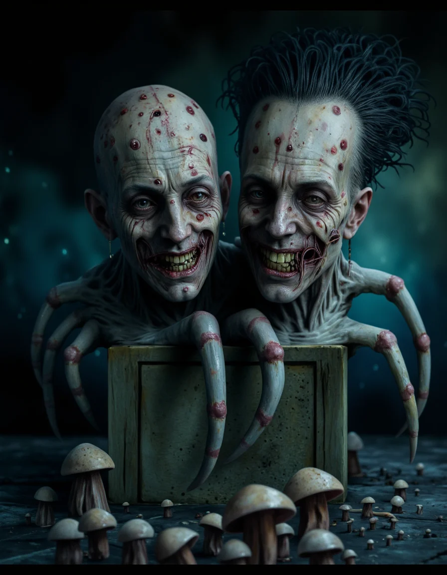 <lora:Oddart:0.8> oddart, A haunting, hyper-detailed illustration of a terrifying, otherworldly creature with two grotesque heads, each with bulging, bloodshot eyes, and twisted, macabre grins, perched atop a mass of writhing, octopus-like arms that seem to be constantly in motion. The creature's skin is a mass of dark, mottled blues and greens, with visible, pulsing veins and a texture that appears to be both slimy and rough, like the bark of an ancient, dead tree. Each head has a distinctive, unsettling appearance, with one sporting a tangle of long, black hair that appears to be alive, and the other bearing a series of twisted, thorn-like scars that seem to be oozing a noxious, greenish fluid. The octopus arms are long and sinuous, with suckers that seem to be leaving sticky, glistening trails on the dark, damp stone floor that the creature is lurking on. The lighting is dim, flickering, and eerie, with an otherworldly, blue-green glow that seems to be emanating from a series of bioluminescent, mushroom-like growths that are scattered around the creature, casting an eerie, unsettling illumination over the entire scene. The atmosphere is thick with malevolent, foreboding energy, and the air seems to be heavy with the stench of decay and corruption. The shot is a close-up, with a shallow depth of field that blurs the background, emphasizing the twisted, nightmarish horror of the creature's appearance, and the overall mood is one of creeping, existential dread. The image features a textured, painterly rendering style, with bold, expressive brushstrokes and vivid, unsettling colors, and the creature's eyes seem to be staring directly into the viewer's soul, filling them with a sense of unspeakable, cosmic horror. . 35mm photograph, film, bokeh, professional, 4k, highly detailed