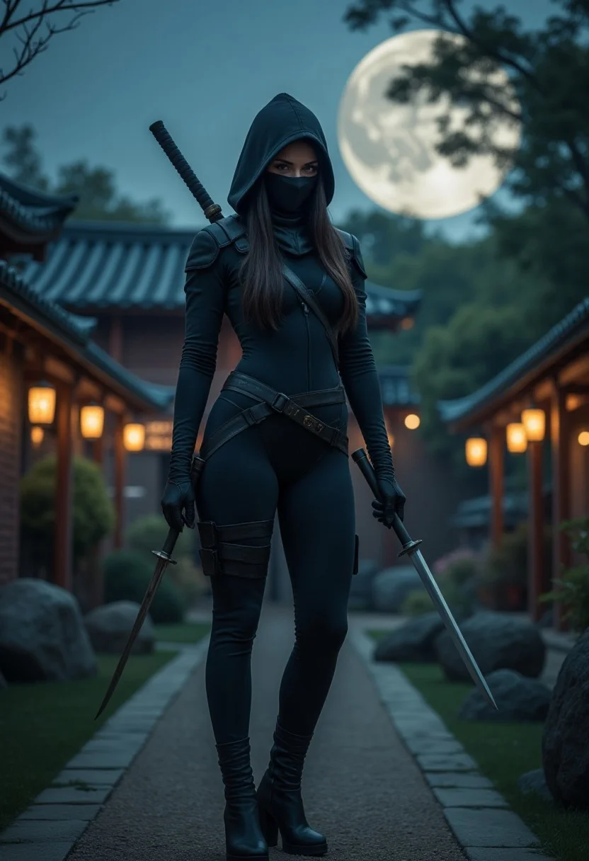 A 27-year-old woman as a sexy ninja, with a sleek bodysuit holding a throwing stars, standing in a moonlit Japanese garden with magic lights       , aidmafemalecosplay