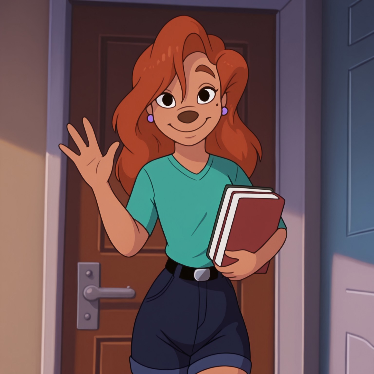 uncensored, masterpiece, best quality, highly detailed, realistic, 1girl, solo, RoxGM, female furry, anthro, canine, red hair, long hair, brown eyebrows, black eyes, brown nose, tan skin, mole, light-purple earring, (green shirt, black belt, silver buckle, blue jean shorts) smile, closed mouth, looking at viewer college dorm, indoors, holding book, standing (front view), detailed background, three-quarter portrait, (waving, 4 fingers)