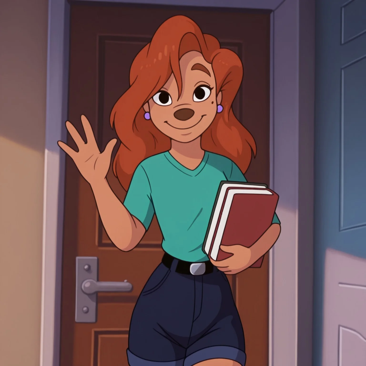 uncensored, masterpiece, best quality, highly detailed, realistic, 1girl, solo, RoxGM, female furry, anthro, canine, red hair, long hair, brown eyebrows, black eyes, brown nose, tan skin, mole, light-purple earring, (green shirt, black belt, silver buckle, blue jean shorts) smile, closed mouth, looking at viewer college dorm, indoors, holding book, standing (front view), detailed background, three-quarter portrait, (waving, 4 fingers)