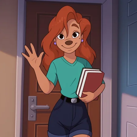 uncensored, masterpiece, best quality, highly detailed, realistic, 1girl, solo, RoxGM, female furry, anthro, canine, red hair, long hair, brown eyebrows, black eyes, brown nose, tan skin, mole, light-purple earring, (green shirt, black belt, silver buckle, blue jean shorts) smile, closed mouth, looking at viewer college dorm, indoors, holding book, standing (front view), detailed background, three-quarter portrait, (waving, 4 fingers)