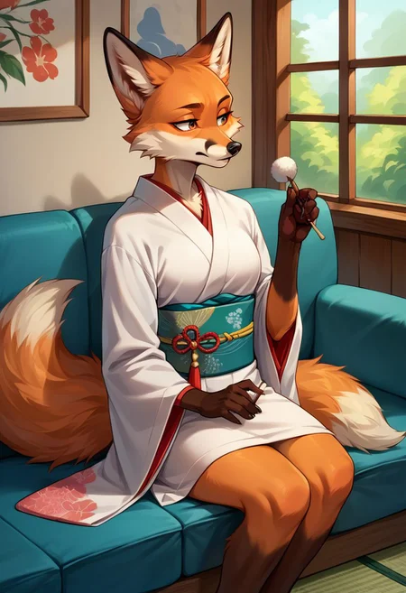 score_9, score_8, score_7, (source_furry, anthro, fox, orange fur)
lap pillow invitation, holding mimikaki,
kimono,
sitting, couch