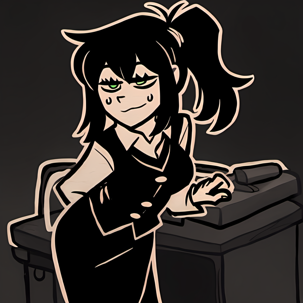 score_9,score_8,score_7,source_general,
by nemlei,the coffin of andy and leyley,
1girl,mrs. graves,mature female,black hair,green eyes,exhausted,bags under eyes,side ponytail,standing,leaning forward,happy,looking at viewer,sweatdrop,basement,office lady,black vest,white long sleeve shirt,
<lora:ponyxl-the_coffin_of_andy_and_leyley-style-v03:1>