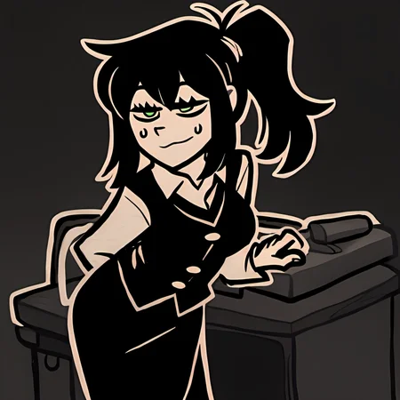 score_9,score_8,score_7,source_general,
by nemlei,the coffin of andy and leyley,
1girl,mrs. graves,mature female,black hair,green eyes,exhausted,bags under eyes,side ponytail,standing,leaning forward,happy,looking at viewer,sweatdrop,basement,office lady,black vest,white long sleeve shirt,
<lora:ponyxl-the_coffin_of_andy_and_leyley-style-v03:1>