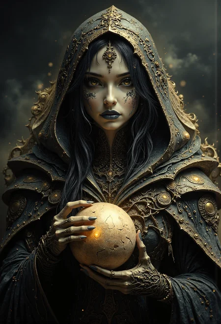 cinematic photo . Dark Moody Atmosphere, Avant-garde, painting, evil, unsettling, best quality, masterpiece (Luis Royo style drawing), detailed face, face in sharp focus and intricate detail, extremely detailed, great lighting, BREAK, intricate details, Mystical light. Fog. female oriental necromancer mage, evil and mystical, with robes of black cloth with golden stitches. a ball in one hand and mysterious beast skull in another hand, alchemical laboratory, blending the natural with the magical, Soft natural lighting, High Definition HD, High Detail, Perfect Composition, dark fantasy movie <lora:aidmaImageUpgrader-FLUX-V0.2.safetensors:0.66>,  <lora:- Flux1 - vanta_black_V1.0.safetensors:0.75>, <lora:Elden_Ring_-_Yoshitaka_Amano.safetensors:1.0>,   <lora:aiai-Glimra-Flux-Dev-v2.safetensors:0.5>,  <lora:lith_mimosa_kiel_grw134_FLUX.safetensors:0.7>,  <lora:paintart-style-006-v1-0-flux.safetensors:0.3>,  . 35mm photograph, film, bokeh, professional, 4k, highly detailed