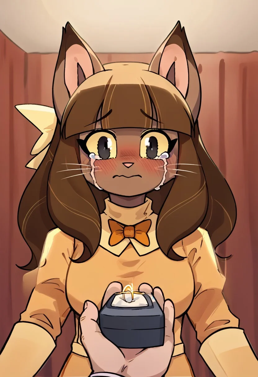 score_9, score_8_up, score_7_up, rating_safe, source_cartoon, (close up on face, focus face), beautiful, emotional, covering mouth, looking down, 1girl, furry girl, adult female, ivy, brown long hair,braids,blunt bangs,black eyes, colored sclera, yellow sclera, no human, furry, brown furr, cat ears,ivydress, orange bowtie,yellow coat, || yellow hair bow,, large breasts, <lora:ring-box-ponyxl-lora-nochekaiser:1>, ring box, ornate ring, marriage proposal, human hand holding ring, (one ring), diamond ring, human hand holding box, pov, pov hand, single hand holding box,, blush, super embarrassed, happy, tears of joy, blush, bed room,, looking down, cowboy shot, <lora:streaming-tears-ponyxl-lora-nochekaiser:1>, streaming tears, crying, tears,negative_hand