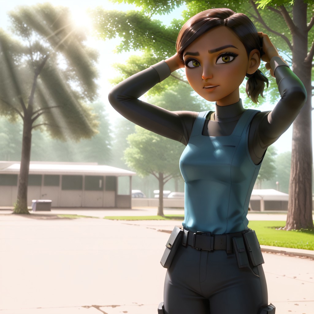 best quality, masterpiece, break, solo, marcy_sid, dark skin, short hair, brown hair, ponytail, bulletproof vest, long sleeves, belt, pants, hands in hair, looking at viewer, curvy, tree, sunlight, shadows, natural lighting