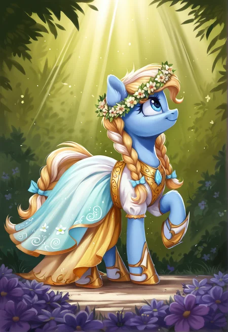 score_9, score_8_up, score_7_up, score_6_up, score_5_up, score_4_up, rating_safe, oc:karoline skies, earth pony, female, mare, pony, solo, braid, clothes, crepuscular rays, cute, dress, flower, high res, oc, outfit, poland, profile, raised hoof, shoes, skirt, standing, looking up, floral head wreath, ear fluff, oc only, sweet dreams fuel, traditional dress, twin braids, ocbetes, smiling, braided tail, slavic, folk costume, earth pony oc, detailed, beautiful, <lora:Wholesome-MLP-v1.4b:1>