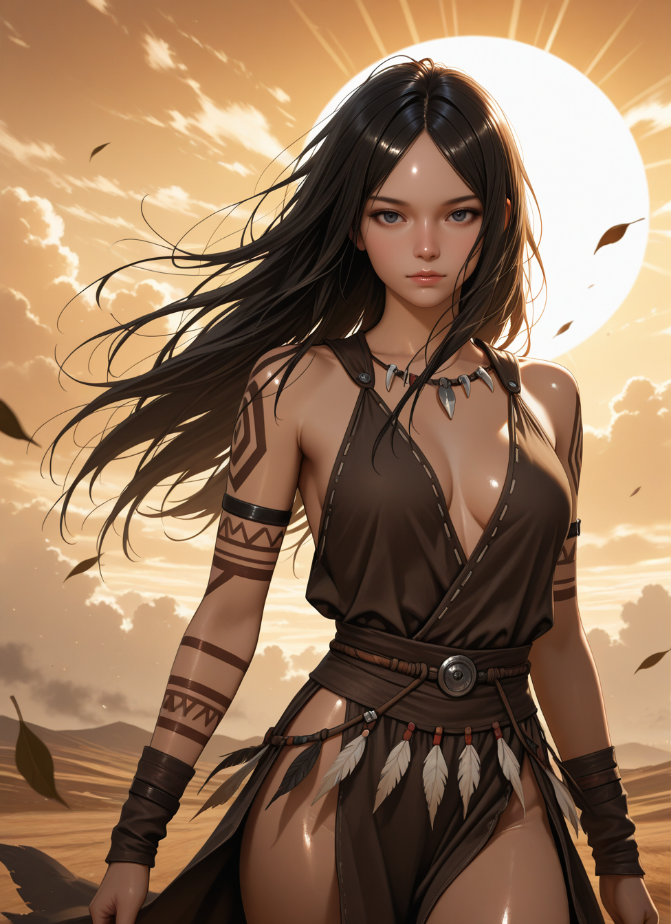 high-resolution,skin details,detailed eyes,realistic,low light,masterpiece,best quality,amazing quality,very aesthetic,absurdres,simple background,brown gradient background,windy,dust particles,leaves floating,
solo,thin woman,siux,apache,black long hair,braided,dynamic pose,serious look,parted bangs,tribal dress,tribal tattoo,clouds,sun rays, uncensored,, <BREAK> , masterpiece, amazing quality, best quality, ultra-detailed, 8K, illustration, CG, clear skin, ultra-detailed-eyes, soft skin, shiny skin, shiny hair, very awa, very as2, anime coloring,, , shiny, shiny skin, shiny hair, soft body,, , ((realistic photo, realistic,)),