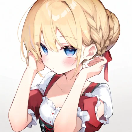 1girl, kurimochi chizuru, blonde hair, braid, braided bun, dirndl, german clothes, hair bun, portrait, puffy short sleeves, red dress, solo, very awa, very aesthetic, masterpiece, best quality, amazing quality, absurdres
