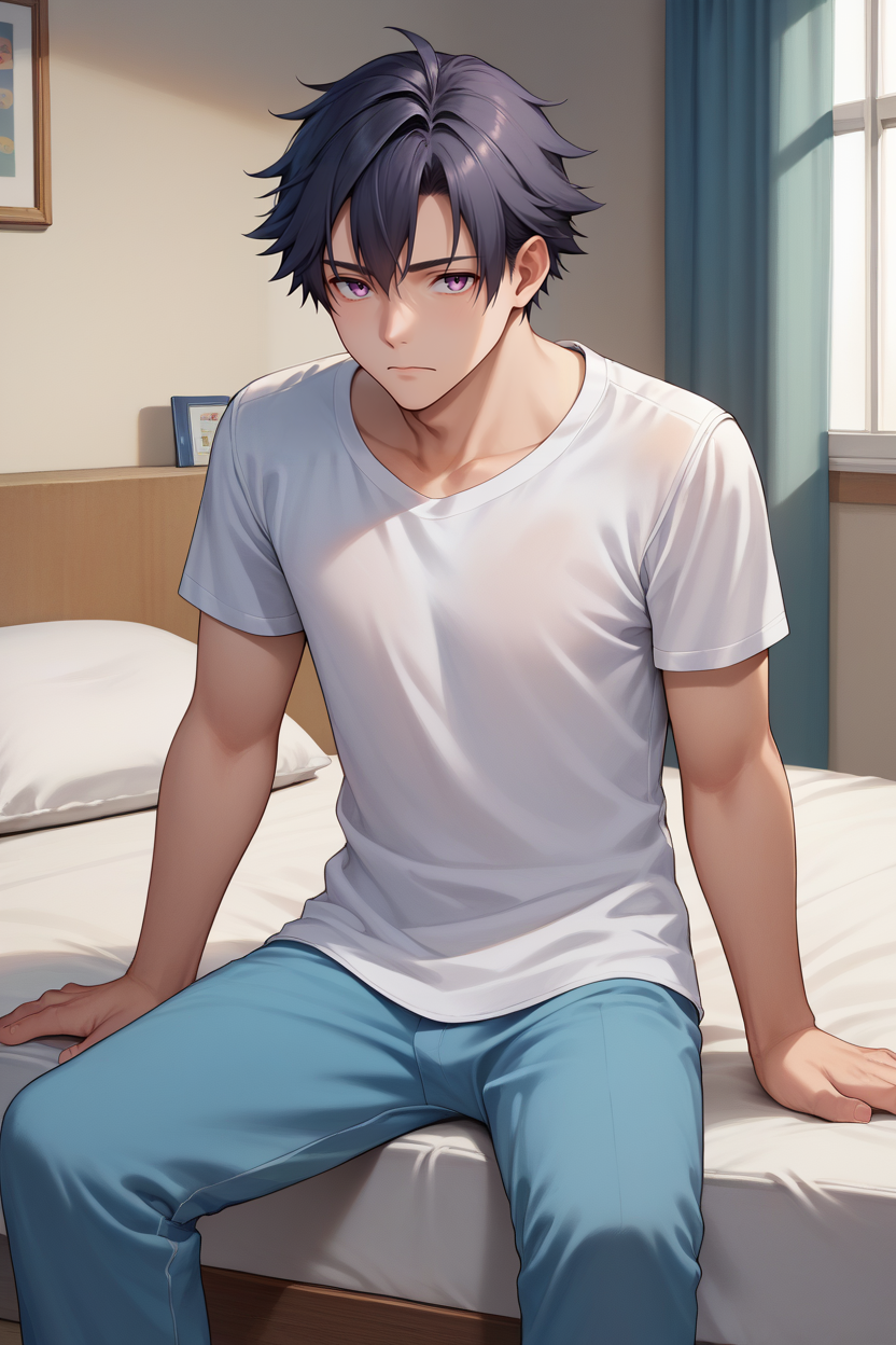 score_9, score_8_up, score_7_up, score_6_up, source_anime, BREAK 1boy, solo <lora:rean-pdxl-nvwls-v1-000006:0.9> sen1rean, black hair, white t-shirt, blue pajama pants, bedroom, sitting, tired, looking at viewer