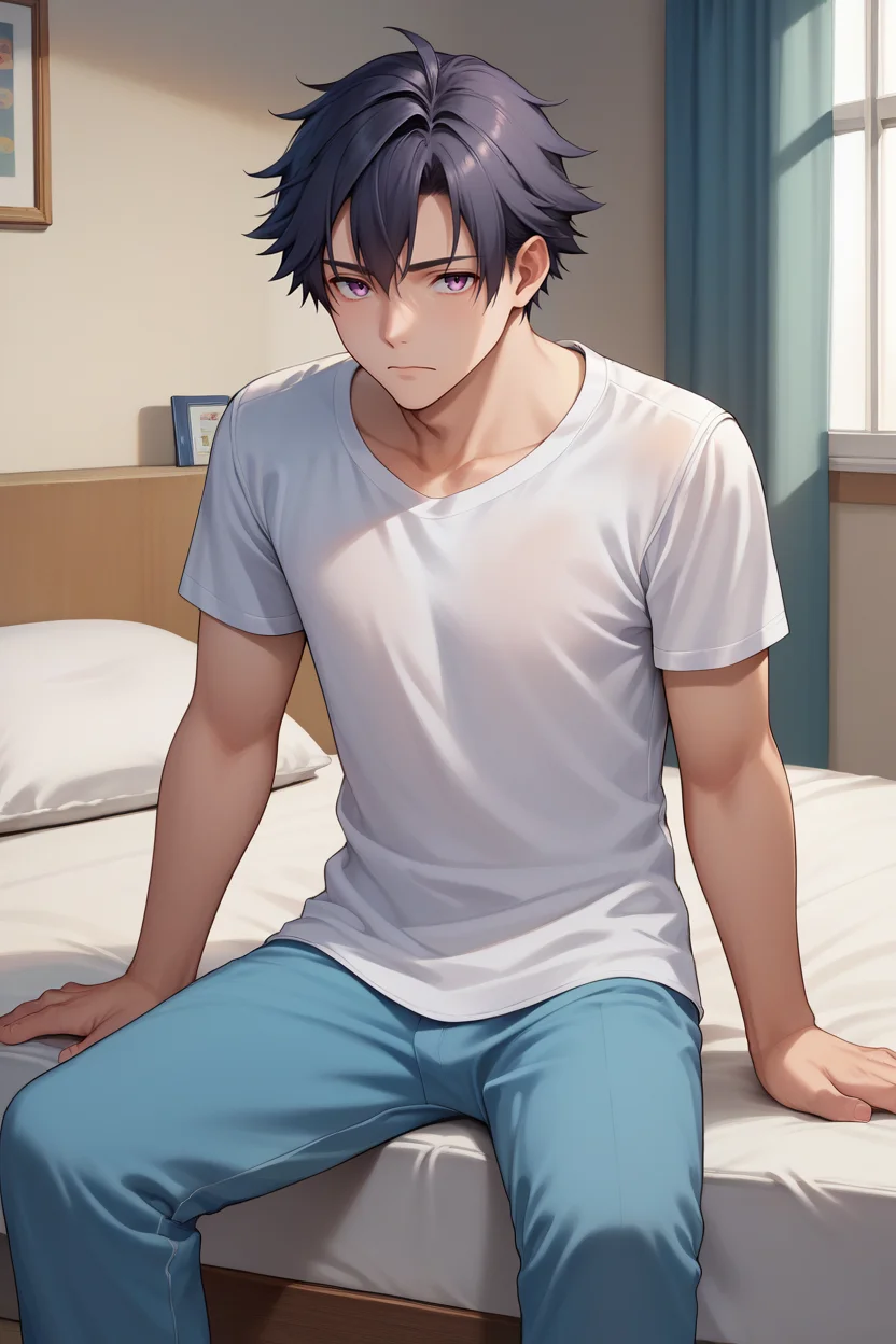 score_9, score_8_up, score_7_up, score_6_up, source_anime, BREAK 1boy, solo <lora:rean-pdxl-nvwls-v1-000006:0.9> sen1rean, black hair, white t-shirt, blue pajama pants, bedroom, sitting, tired, looking at viewer