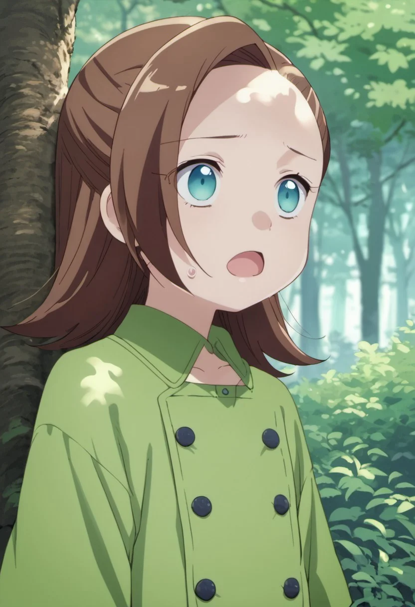 score_9, score_8_up, score_7_up, source_anime, katarina claes, female child, child, brown hair, blue eyes, 1girl, solo, open mouth, tree, nature, outdoors, forest, anime coloring, buttons, sweat, upper body, day