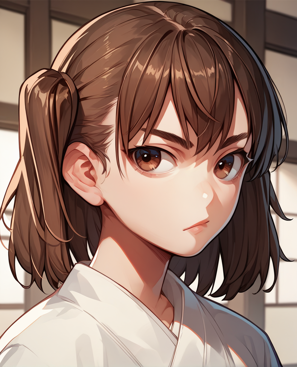 score_9,score_8_up,score_7_up,score_6_up,score_5_up,score_4_up,
shikkidm,brown eyes,brown hair,medium hair,twintails,
dougi,standing,upper body,looking at viewer,
dojo,
<lora:shikkiDYWMxl-12:1>,
