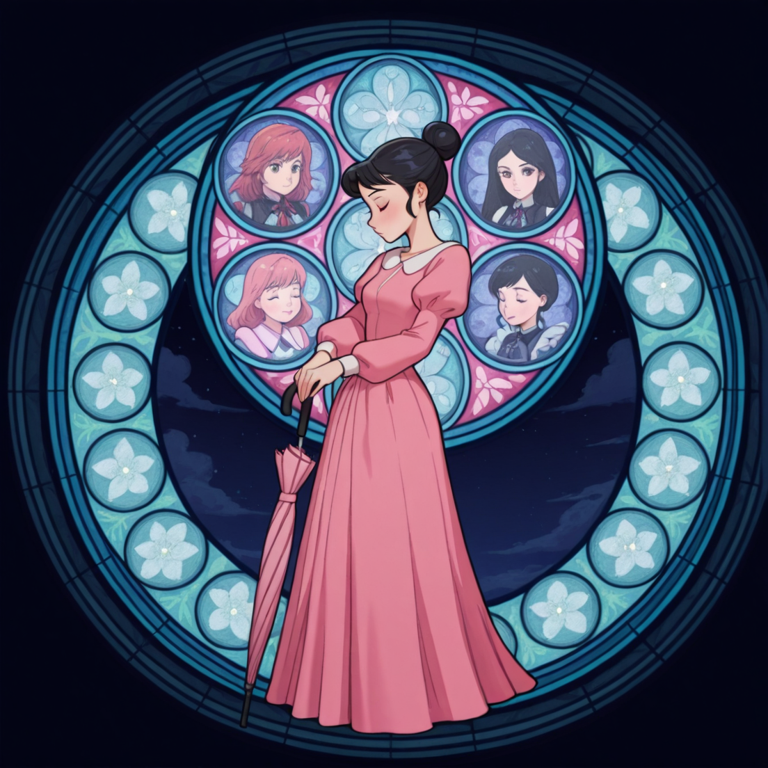 masterpiece, best quality, amazing quality, very aesthetic, absurdres, newest, 4k, 8k, 
divetotheheartxd, circle, black background, stained glass, round image, 1girl, umbrella, dress, solo, closed eyes, pink dress, black hair, single hair bun, hair bun, long sleeves,
 <lora:STATION_OF_AWAKENING_V2:1>