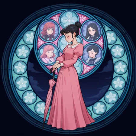 masterpiece, best quality, amazing quality, very aesthetic, absurdres, newest, 4k, 8k,
divetotheheartxd, circle, black background, stained glass, round image, 1girl, umbrella, dress, solo, closed eyes, pink dress, black hair, single hair bun, hair bun, long sleeves,
<lora:STATION_OF_AWAKENING_V2:1>