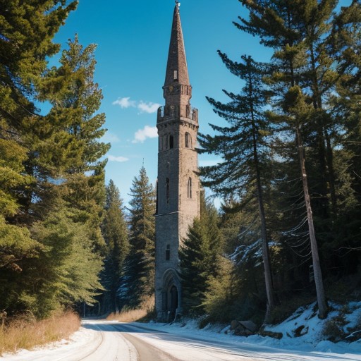 realistic analog photo, award winning photo, vary wide shot of stone witow tower:1.3, no humans, scenery, blue sky, Style-Winter, forest, dirt road, grassland, nature, outdoors, RAW, highres, 8k, uhd, High Dynamic Range, tonemapping, crisp details,