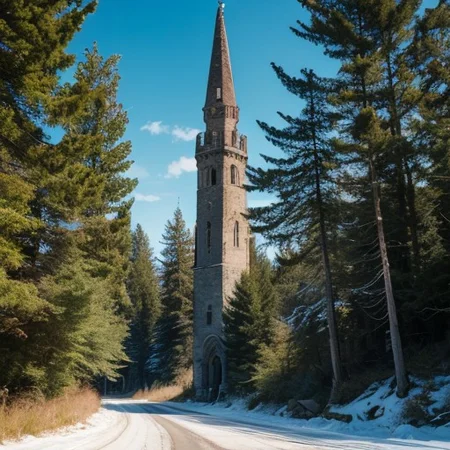 realistic analog photo, award winning photo, vary wide shot of stone witow tower:1.3, no humans, scenery, blue sky, Style-Winter, forest, dirt road, grassland, nature, outdoors, RAW, highres, 8k, uhd, High Dynamic Range, tonemapping, crisp details,