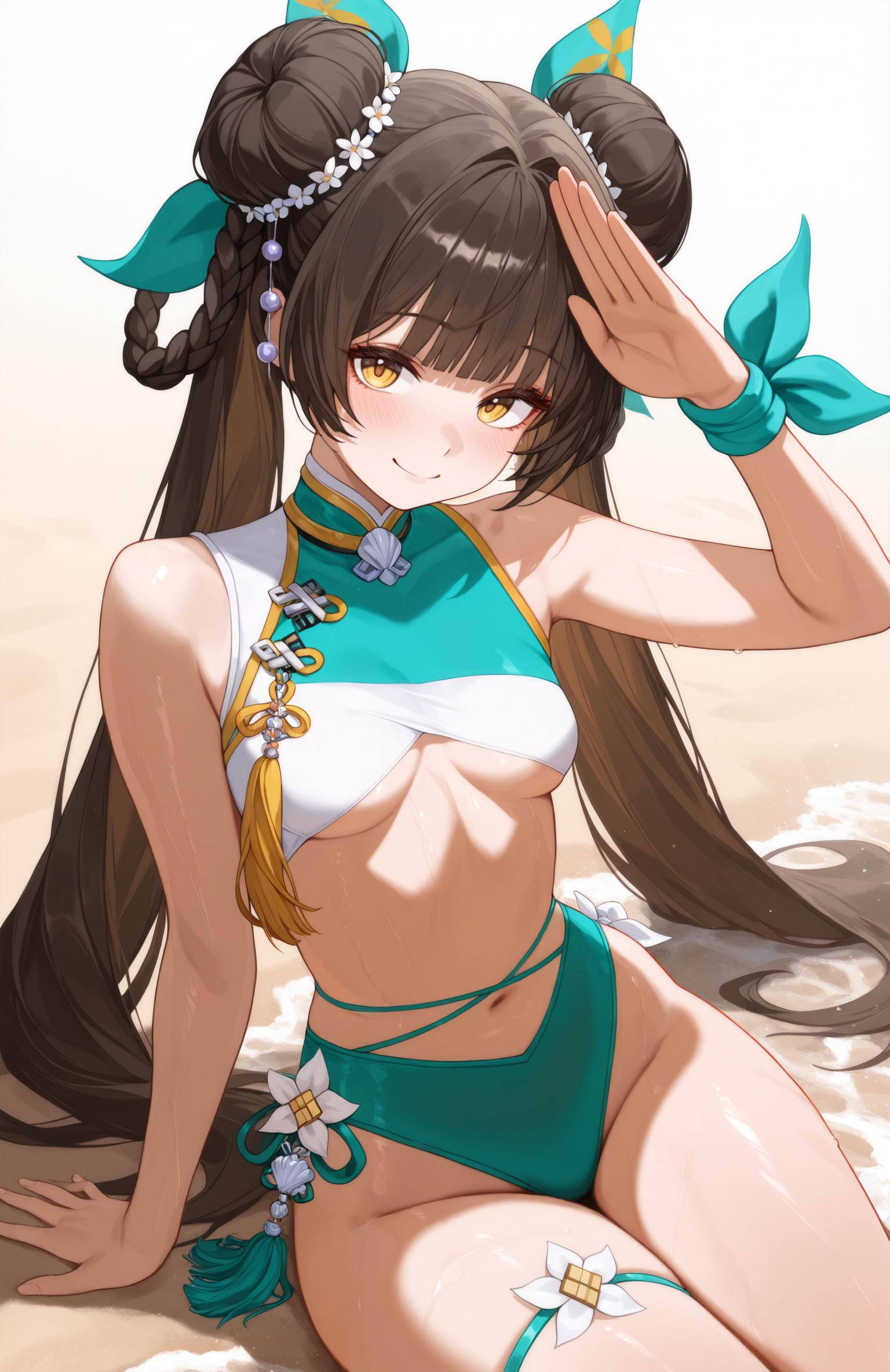 masterpiece, best quality, 1girl, Ldn, black hair, yellow eyes, double bun, low twintails, braided hair rings, cross-laced bikini, multicolored bikini, charm (object), aqua bikini, white bikini,  hair ornament, wrist ribbon, tassel, hair ribbon, pendant choker, thigh strap, underboob, bare shoulders, hair beads, sitting, beach, salute, smile,   <lora:Summer toast 5:1>