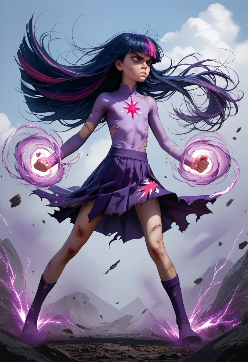 score_9, score_8_up, score_7_up, score_6_up, score_5_up, score_4_up, 1girl, twilight sparkle, superhero, skirt, long hair, torn clothes, cuts and bruises, determined look, wind blowing hair, purple energy, flat chest, skinny, full body