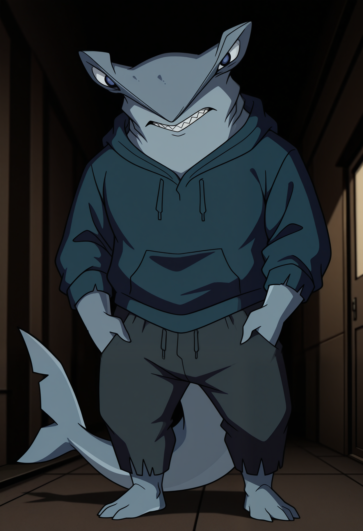masterpiece,best quality,amazing quality, 1boy, solo, sh4rk04, shark boy, blue eyes, grey skin, hoodie, pants, shark tail, full body,
