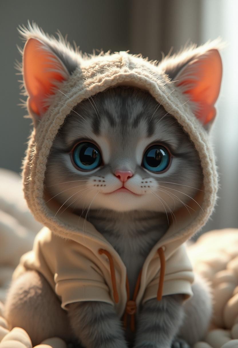 Depth of field and focus in face, cinematic shot, realistic, masterpiece, (This is a highly detailed CGI (computer-generated imagery) rendering of a small, anthropomorphic happy cat character with an anime-inspired design). The character has a soft, plush-like texture with a predominantly silver gray fur coat that appears smooth and fluffy. The cat's large, expressive eyes are a striking (topaz blue) color, with detailed irises and reflections, giving them a lifelike quality. The character's nose is a gentle pink, matching the blush on its cheeks, adding to its cute and endearing appearance. The cat is wearing a light beige hooded cloak that covers its head and shoulders, with the hood flopped forward, showing off its large, pointed ears that have a pinkish hue inside. The cloak appears to be made of a soft, knitted material, adding to the character's cozy and warm aesthetic. Background room is softly blurred, with a gradient of light gray to white, suggesting an indoor setting with soft, diffused lighting. The overall style is whimsical and adorable, reminiscent of popular animated characters or plush toys. The attention to detail in the fur texture, realistic eye reflections, and the soft color palette all contribute to a charming and inviting visual experience. The overall mood of the photograph is sensual and intimate, with a focus on the models physical attributes and happy smiling attitude, Chiaroscuro warm reflective surface light ,by Rembrandt style, Caravaggio style.