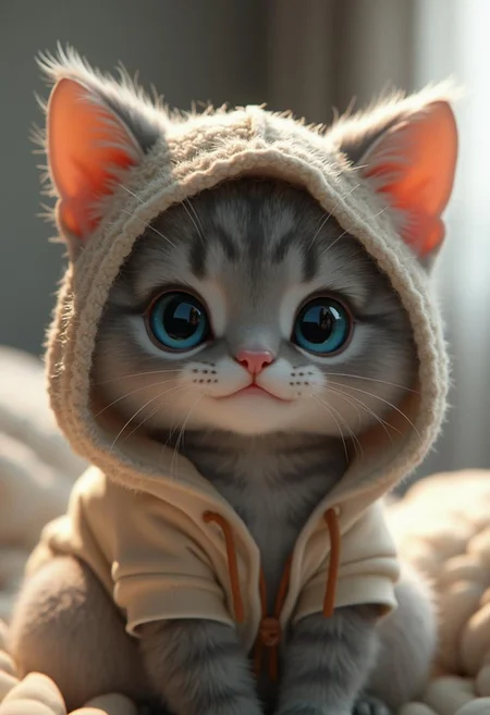Depth of field and focus in face, cinematic shot, realistic, masterpiece, (This is a highly detailed CGI (computer-generated imagery) rendering of a small, anthropomorphic happy cat character with an anime-inspired design). The character has a soft, plush-like texture with a predominantly silver gray fur coat that appears smooth and fluffy. The cat's large, expressive eyes are a striking (topaz blue) color, with detailed irises and reflections, giving them a lifelike quality. The character's nose is a gentle pink, matching the blush on its cheeks, adding to its cute and endearing appearance. The cat is wearing a light beige hooded cloak that covers its head and shoulders, with the hood flopped forward, showing off its large, pointed ears that have a pinkish hue inside. The cloak appears to be made of a soft, knitted material, adding to the character's cozy and warm aesthetic. Background room is softly blurred, with a gradient of light gray to white, suggesting an indoor setting with soft, diffused lighting. The overall style is whimsical and adorable, reminiscent of popular animated characters or plush toys. The attention to detail in the fur texture, realistic eye reflections, and the soft color palette all contribute to a charming and inviting visual experience. The overall mood of the photograph is sensual and intimate, with a focus on the models physical attributes and happy smiling attitude, Chiaroscuro warm reflective surface light ,by Rembrandt style, Caravaggio style.