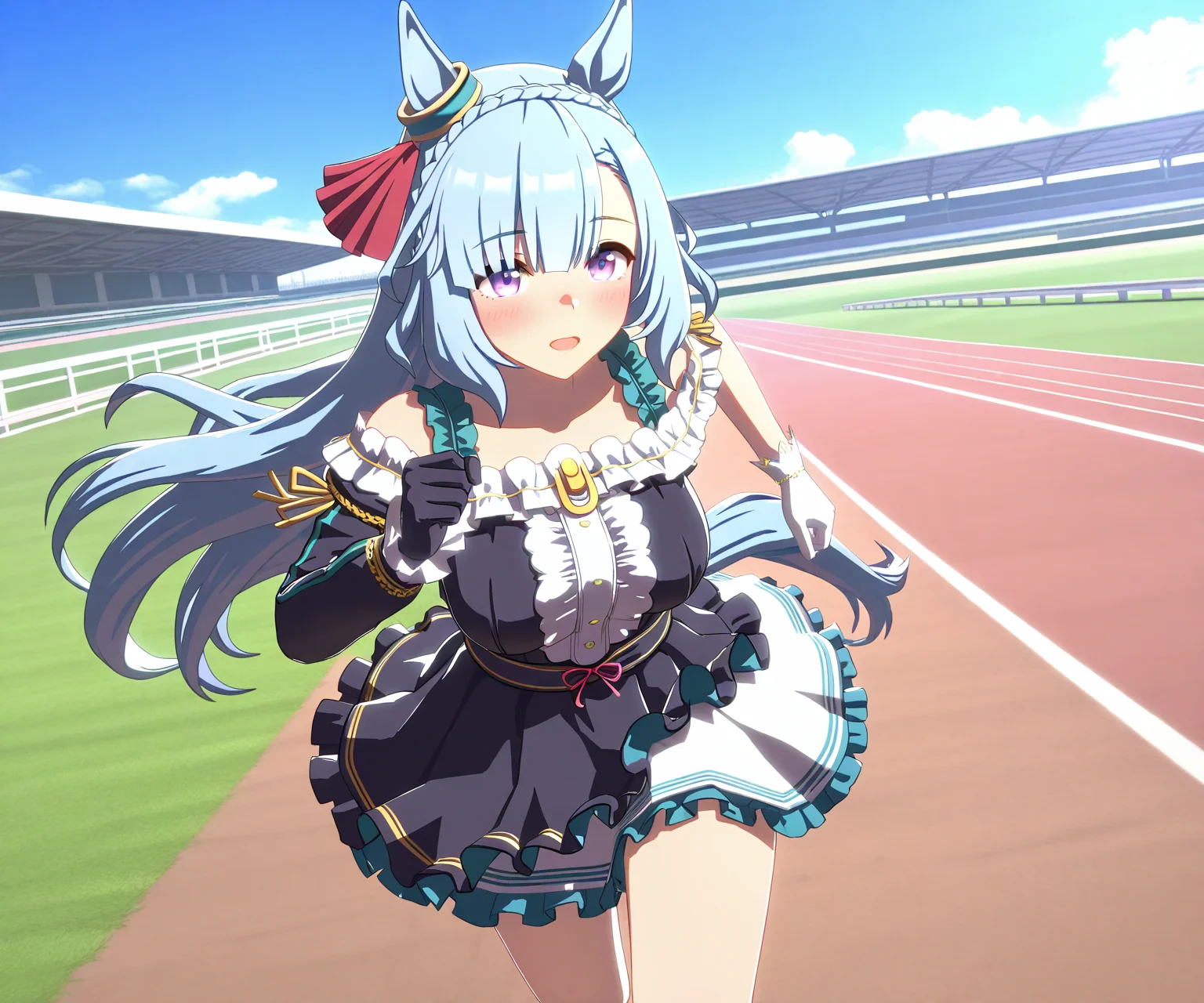 masterpiece, best quality, amazing quality, , 1girl, solo,umamusume, racetrack, running, <lora:Mejiro Ardan in game style 3D ILL-v2.1:1> ummsmingame, 3d, mejiro ardan \(umamusume\), asymmetrical gloves, single sleeve