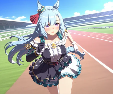 masterpiece, best quality, amazing quality, , 1girl, solo,umamusume, racetrack, running,  <lora:Mejiro Ardan in game style 3D ILL-v2.1:1> ummsmingame, 3d, mejiro ardan \(umamusume\), asymmetrical gloves, single sleeve
