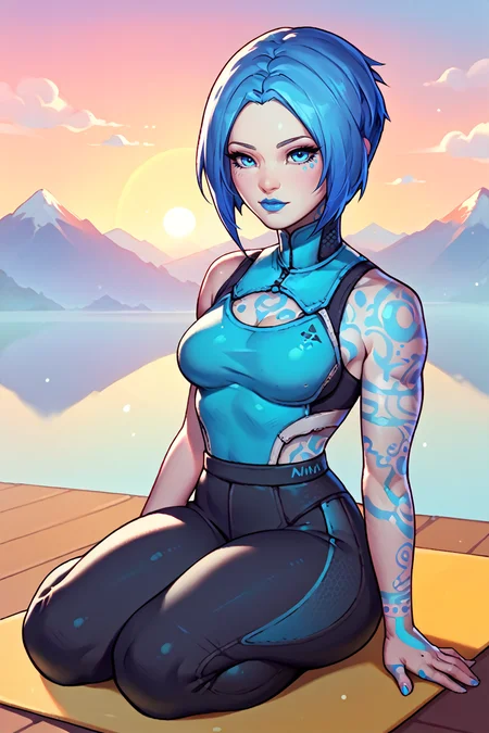 score_9, score_8_up, score_7_up, score_6_up
<lora:BLMaya:1.0>
BLMaya, 1girl, blue hair, short hair, blue eyes, tattoo, looking at viewer, sitting cross-legged on a yoga mat, meditating, sunrise over a mountain lake in the background, mist rising from the water, serene and focused atmosphere