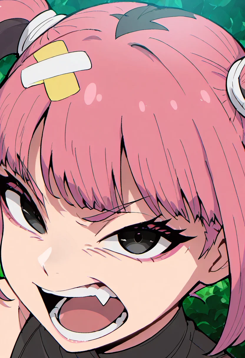 masterpiece, best quality, 1girl, solo, looking at viewer, zzSango2, black eyes, looking at viewer, open mouth, teeth, fang, v-shaped eyebrows, (close up, portrait:1.1), angry, ,<lora:SangoTimeSkipPokemon_IXL:1.0>,