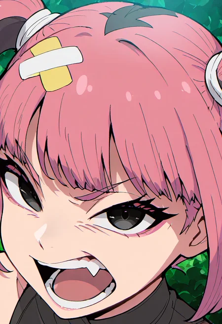 masterpiece, best quality, 1girl, solo, looking at viewer, zzSango2, black eyes, looking at viewer, open mouth, teeth, fang, v-shaped eyebrows, (close up, portrait:1.1), angry, ,<lora:SangoTimeSkipPokemon_IXL:1.0>,
