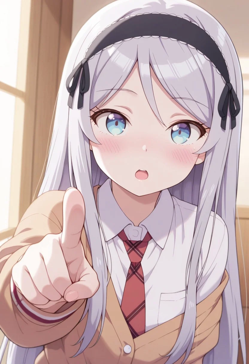 masterpiece,best quality,amazing quality, houjou shisei, long hair, blue eyes, grey hair, 1girl, solo, necktie, red necktie, hairband, blush, open mouth, shirt, pointing, upper body, white shirt, looking at viewer, black hairband, long sleeves