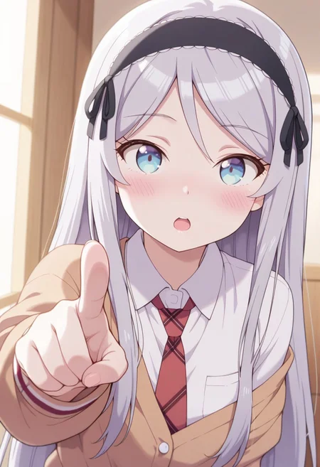 masterpiece,best quality,amazing quality, houjou shisei, long hair, blue eyes, grey hair, 1girl, solo, necktie, red necktie, hairband, blush, open mouth, shirt, pointing, upper body, white shirt, looking at viewer, black hairband, long sleeves