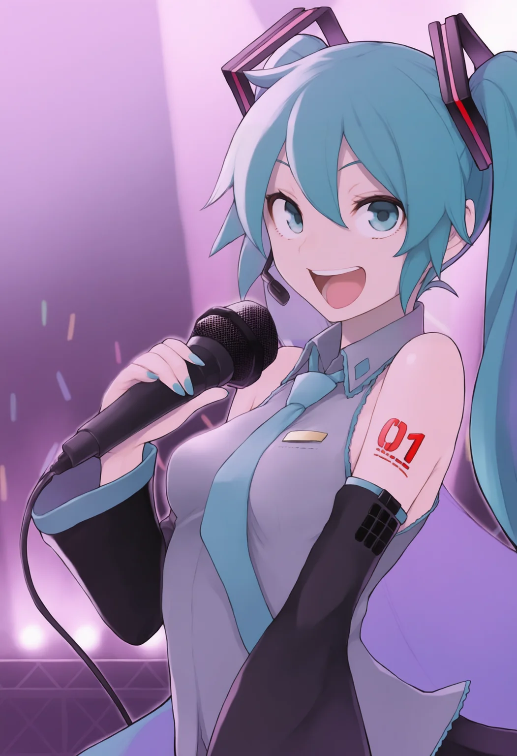 masterpiece, best quality, solo, 1girl, smile, looking at viewer, <lora:Yasuda-Suzuhito-illus_Fp:1>, hatsune miku, holding microphone, singing, stage,
