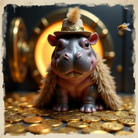 A cute Polaroid photograph capturing a baby hippo, Realistic photo of super cute Baby mini hippo sitting on golden coins in a bank safe, super realistic hippo, hyper cute mini hippo baby trending on tik Tok, wearing a fur coat, dressed as a pimp, baby hippo snoop doggy dog, ultra cute image with text written above in fancy romantic hand written golden letters art deco style emblem " Buzz P.I.M.P." , hip hop video short lense image, super elegant and high class photography, golden coins are Kruger Rand with image of a flying bee, coins flying close to viewer. Round gate of safe in behind, golden backlight shroud open door, hippo wears zebra fur cape and fancy hat with feathers like an 1970s pimp. Cute hippo with big glossy black eyes and round cute nose with cute bristles. Fisheye lense, glow, action shot, title emblem with lots of decoration and text: "buzz bump" Dutch angle, nameplate, Dutch angle, tilted image, tik Tok. Big mouth wide nose,round face, big head, wet skin, baby hippo moo deng.