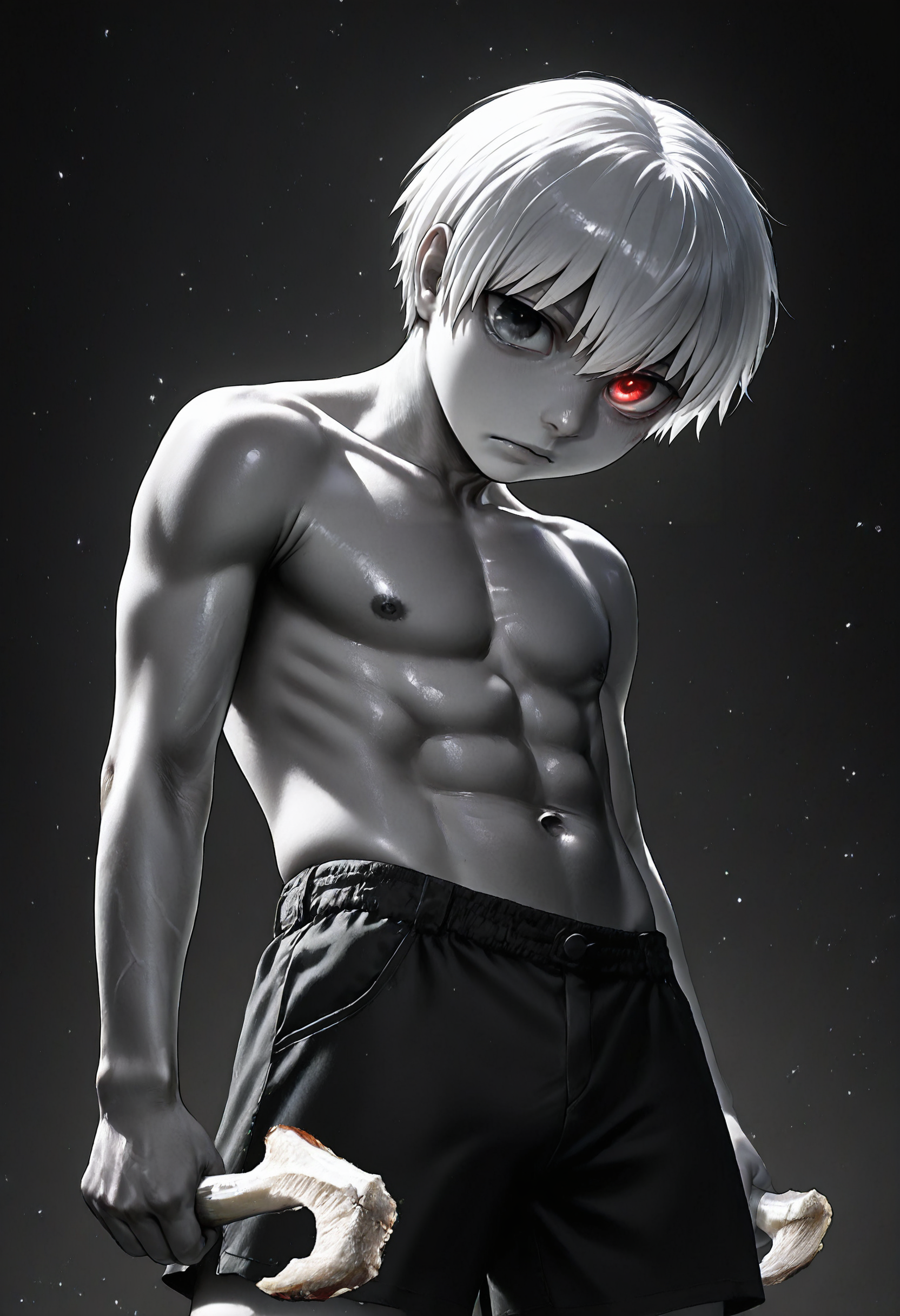 photorealistic, photograph, 1boy, heterochromia, kaneki,kaneki ken, red eyes,kaneki ken wearing shorts, white hair,small fresh meat abdominal muscles, Muscle , dark background ,sidelighting , grayscale with the muscle highlights , harmonious and powerful ,
close-up view ðª